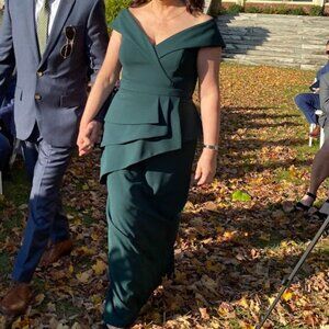 Xscape Hunter off the Shoulder Pleated Gown